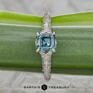 The "Anya" ring in 14k white gold, featuring a 0.74-carat Montana sapphire, is shown on a green leaf with the "Earth's Treasury" logo below.