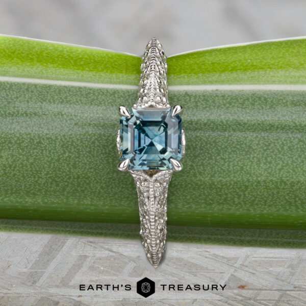 The "Anya" ring in 14k white gold with 0.74-carat Montana sapphire The "Anya" ring in 14k white gold, featuring a 0.74-carat Montana sapphire, is shown on a green leaf with the "Earth's Treasury" logo below.