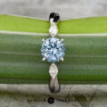 The Braided "Zuri" ring in 14k white gold features a 1.15-carat Montana sapphire center and two marquise-cut clear stones, beautifully displayed on a green leaf.