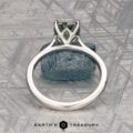 The Cathedral "Fleur" ring in platinum features a 1.72-carat Montana sapphire in an intricate prong setting, displayed upright on a textured blue-gray stone background. Logo text at the bottom reads "Earth's Treasury.