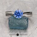 Harari, Moise: A diamond-accented solitaire silver ring with a round blue gemstone center and delicate diamonds on the band, displayed atop a rough blue stone with "EARTH'S TREASURY" below.