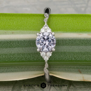 The "Aster" ring in platinum, featuring a 0.80-carat Montana sapphire and accent stones, rests on a green leaf with the Earth's Treasury logo at the bottom.