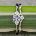 The "Aster" ring in platinum with a 0.80-carat Montana sapphire is shown with the matching "Aster" platinum band, both displayed on a vibrant green leaf background.