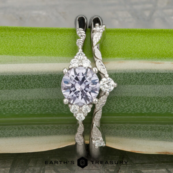 The "Aster" ring in platinum with 0.80-carat Montana sapphire, alongside the "Aster" band in platinum The "Aster" ring in platinum with a 0.80-carat Montana sapphire is shown with the matching "Aster" platinum band, both displayed on a vibrant green leaf background.