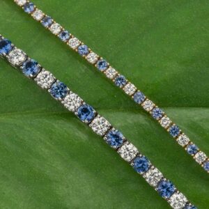 Two Bracelets, one featuring alternating blue and white gemstones and the other with all blue gemstones, are displayed against a green leaf background.