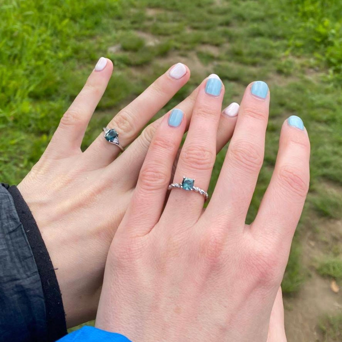 On the left: custom ring in platinum with 1.26-carat Australian sapphire. On the right- custom ring in platinum with 1.07-carat Montana sapphire