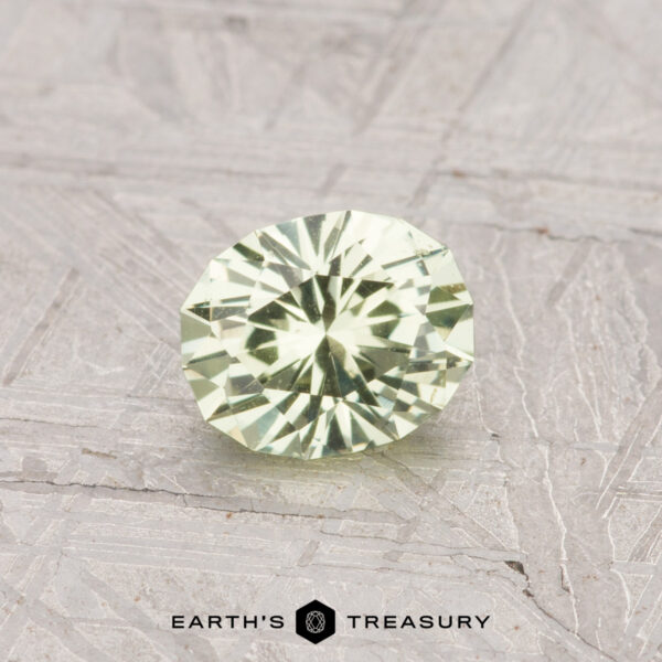 0.68-Carat Grossular Garnet A 0.68-carat round, faceted Light Mint Green Grossular Garnet rests on a textured gray surface with the "Earth's Treasury" logo at the bottom.