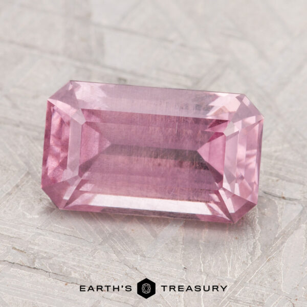 2.99-Carat Garnet A 2.99-carat faceted pink garnet, rectangular in shape, displayed on a light gray textured surface with "Earth's Treasury" shown at the bottom.