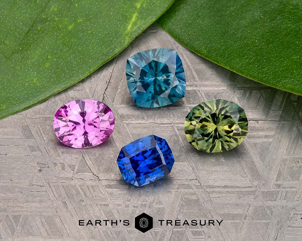 Four gemstones—pink, blue, teal, and green—from the "select-your-stone" collection are displayed on a textured surface with green leaves and "Earth's Treasury" at the bottom.