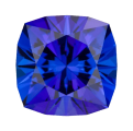 A cushion-cut tanzanite-icon gemstone with multiple facets reflects stunning shades of blue and purple.