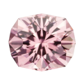 A round-cut, light pink tourmaline-icon gemstone with a faceted surface is displayed against a transparent background.