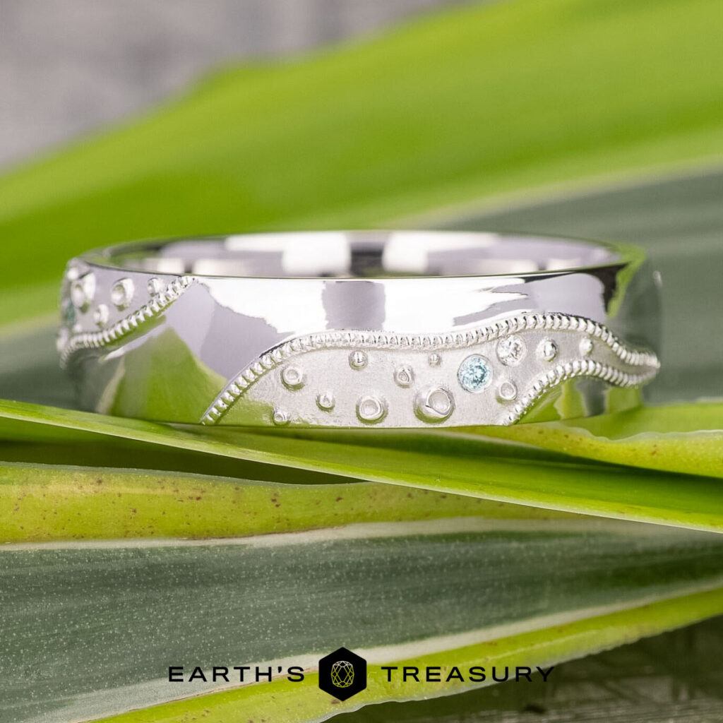 Product 6265c494-1373-4064-9847-763532b4a07e-1200-BW is a silver ring with a wavy, dotted design and a small blue gemstone, resting on green leaves with the "Earth's Treasury" logo visible below.