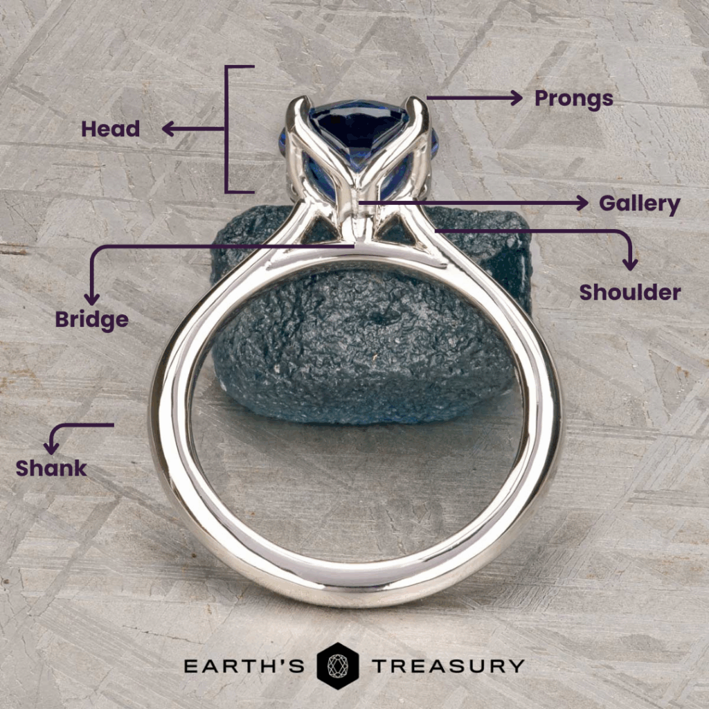 The "Anatomy of a Ring 1" shows a labeled diagram featuring the head, prongs, gallery, shoulder, bridge, and shank, set against a textured stone background.