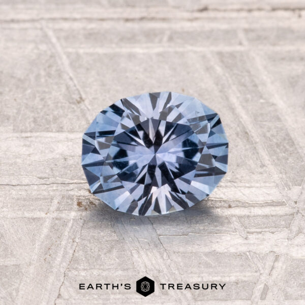 1.07-Carat Montana Sapphire (Heated) A 1.07-carat heated Montana sapphire, cut in a round brilliant style, is shown on a textured light gray surface with "EARTH'S TREASURY" at the bottom.