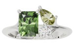 The ring-alternative is a silver ring with a rectangular green gemstone, a pear-shaped yellow gemstone, and a cluster of small round white stones.