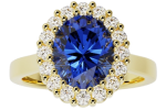 The ring-halo is a gold ring with an oval blue gemstone at the center, encircled by a halo of round white diamonds.