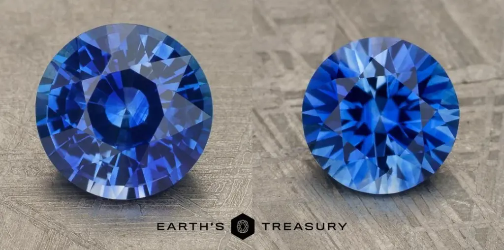Two round blue sapphires from "sapphire-before-and-after-precision-cutting-v0-5g9d5invgwbf1" with faceted cuts are shown side by side on a textured surface, with the "Earth's Treasury" logo and text below them.