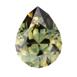The shape-pear is a faceted, pear-shaped gemstone with yellow-green and dark hues, set against a light gray background—an exquisite addition to any gemstone collection.