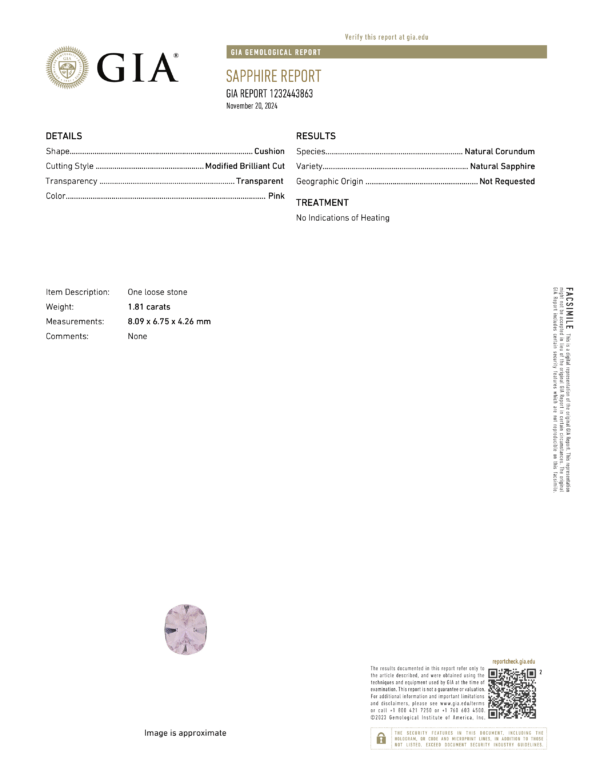 ET4431 GIA Report ET4431 GIA Report: 1.81-carat cushion-cut pale pink sapphire, Madagascar origin, natural corundum with no heating, dated Nov 29, 2024.