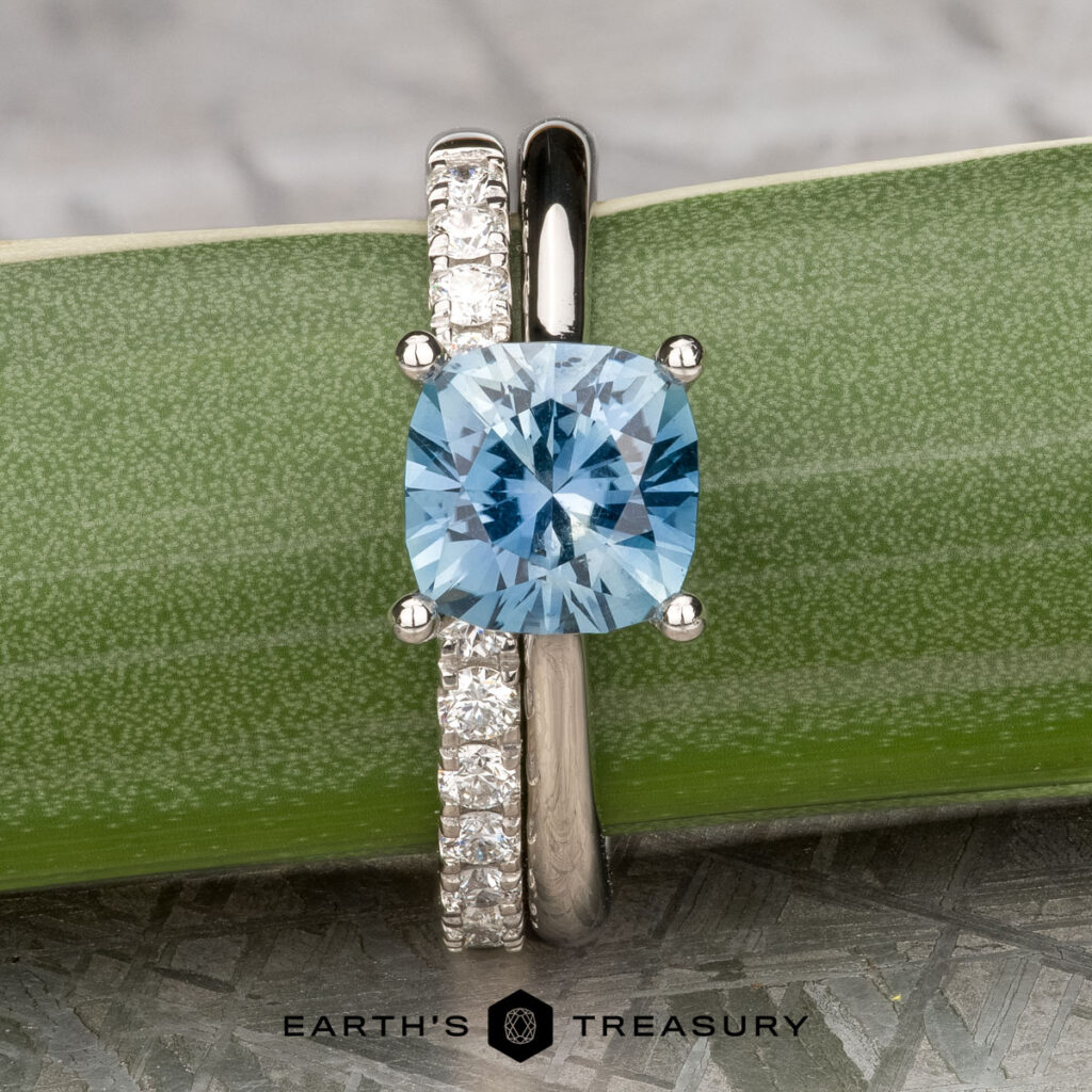 The "Cathedral" ring in platinum features a 1.63-carat Montana sapphire, paired with the classic pave straight band in platinum, both displayed on a green leafy stem.