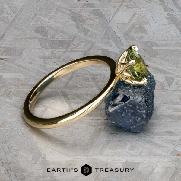The "Begonia" ring in 14K yellow gold with 1.56-Carat Australian sapphire The "Begonia" ring in 14K yellow gold with a 1.56-carat Australian sapphire rests against a rough, dark stone on a textured surface. The "Earth's Treasury" logo and text are displayed at the bottom.