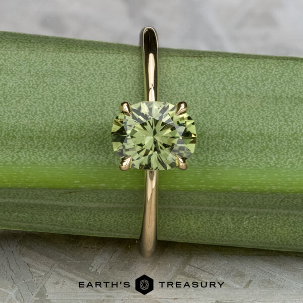 The "Begonia" ring in 14K yellow gold with 1.56-Carat Australian sapphire The "Begonia" ring in 14K yellow gold, featuring a 1.56-carat Australian sapphire, is displayed upright on a green stem with the Earth's Treasury logo at the bottom center.