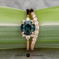 The "Lipara" ring in 20K pink gold features a 1.70-carat Montana sapphire, shown with the "Hesperia" band, both on a green leaf background. The "Earth's Treasury" logo appears at the bottom.