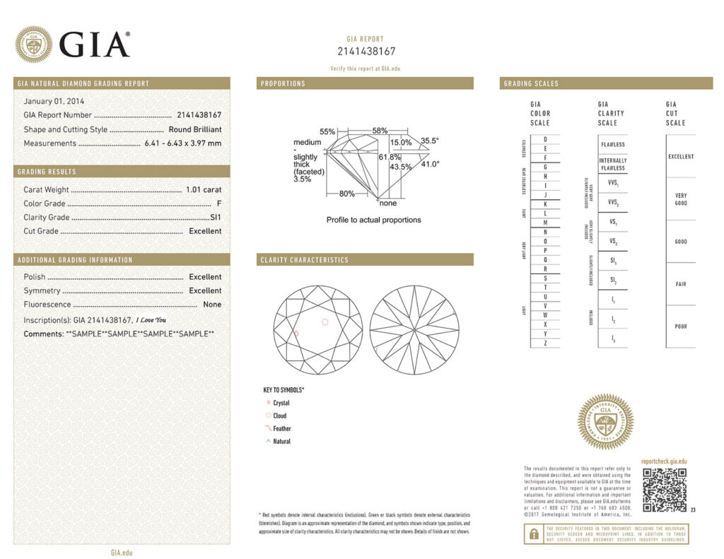 GIA Example Diamond Report for a 1.01 carat round brilliant diamond, includes details on cut, color, clarity, measurements, proportions, and grading scales.