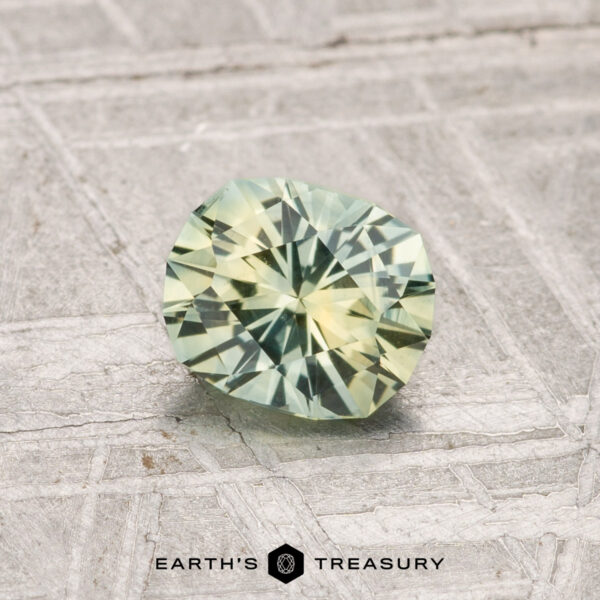 0.83-Carat Montana Sapphire (Heated) A round, faceted pale green 0.83-carat Montana Sapphire (Heated) rests on a textured gray surface, with "Earth's Treasury" displayed at the bottom.