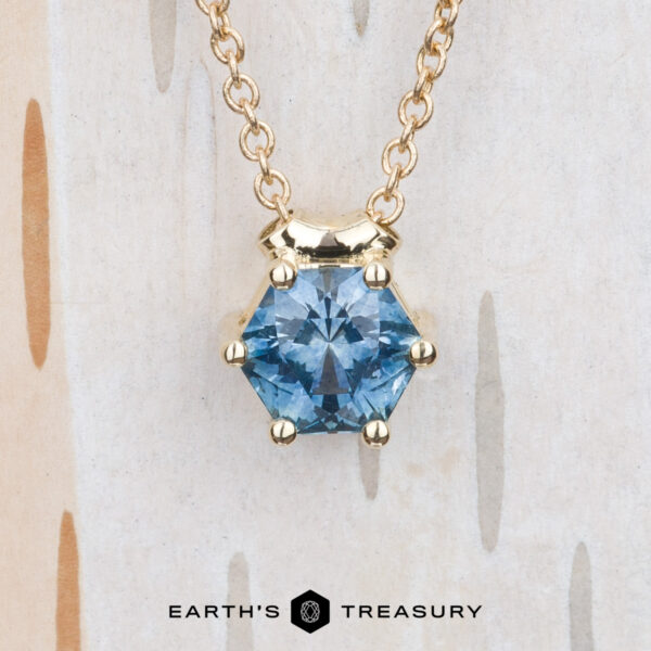 The BYO "Zephyr" necklace in 14K yellow gold with 0.66-Carat Montana Sapphire The BYO "Zephyr" necklace in 14K yellow gold, featuring a 0.66-carat hexagon Montana sapphire pendant, is displayed on a light wooden background. The Earth's Treasury logo is shown at the bottom.