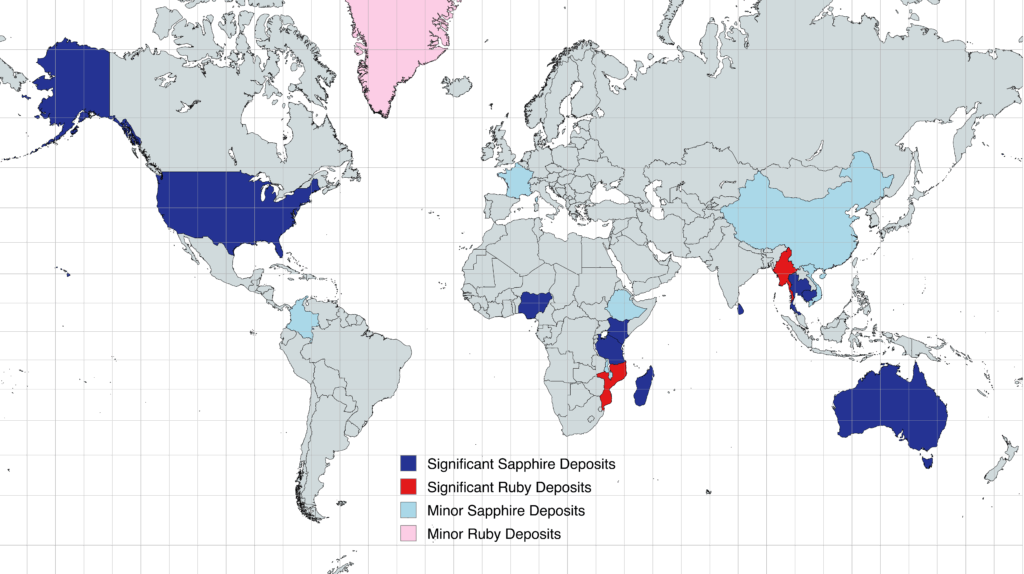 The Unknown-1 is a world map showing major and minor sapphire (blue) and ruby (red) locations across Asia, Africa, Australia, and the Americas—perfect for discovering global sapphire deposits.