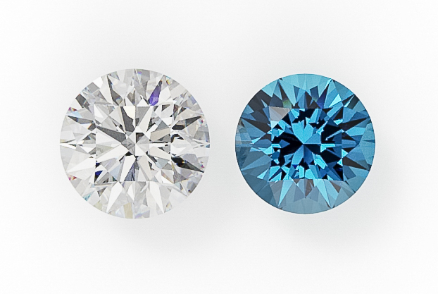 The "Diamond v Sapphire Sizes" product displays a white diamond alongside a round-cut blue sapphire on a white background.