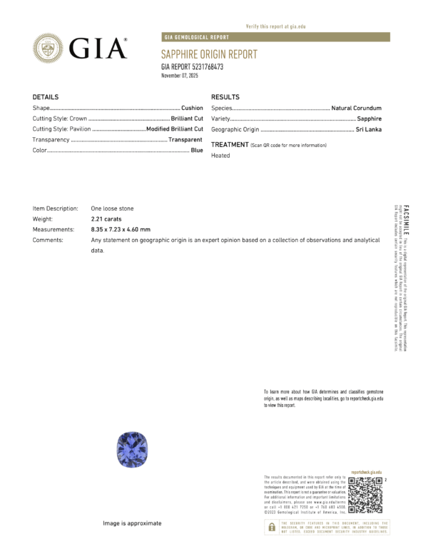 JV1591KG GIA Report JV1591KG GIA Report details a natural cushion-shaped sapphire from Sri Lanka, weighing 2.21 carats with dimensions of 8.35 x 7.23 x 4.60 mm.