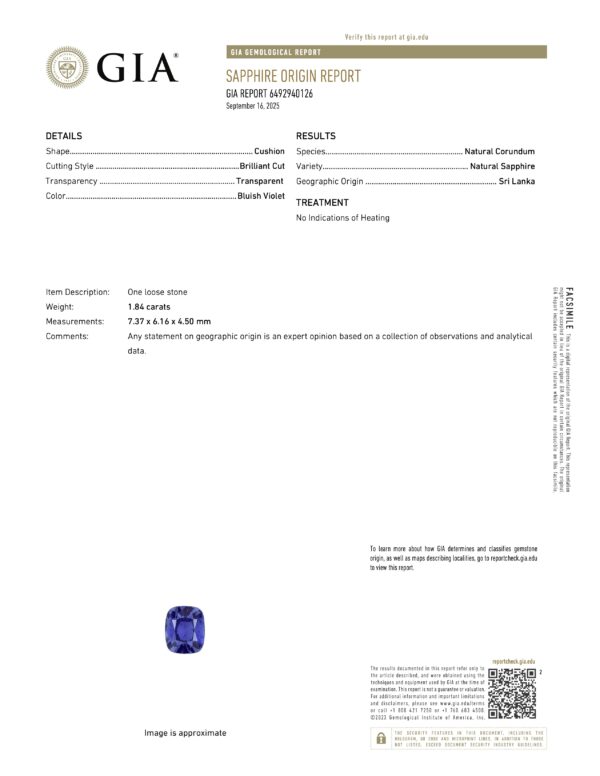 JV1605T GIA Report The JV1605T GIA Report details a 1.84-carat cushion-shaped, bluish violet natural sapphire from Sri Lanka, unheated, and includes an image of the gemstone.