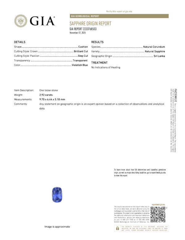 JV1618TG GIA Report The JV1618TG GIA Report details a cushion-shaped natural blue sapphire from Sri Lanka, 2.92 carats, unheated, and includes an approximate image of the stone.