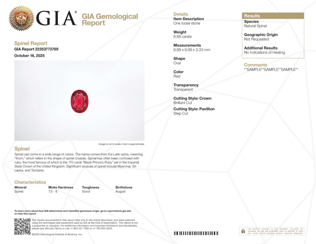 The Sample GIA Colored Stone Identification Report showcases a red, oval natural spinel with detailed features beside its image—an excellent choice if you're deciding between a diamond or sapphire for your collection.