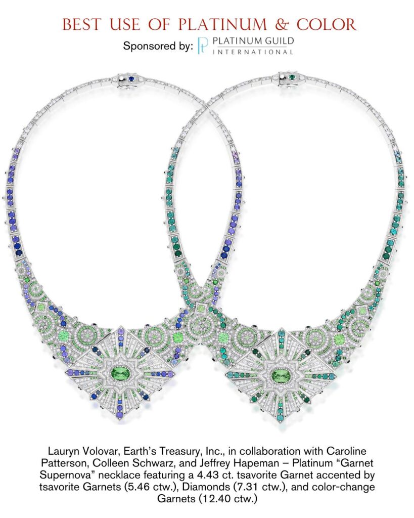 The AGTA Award-winning platinum necklaces, featuring starburst pendants with diamonds, green tsavorite, and color-change garnets, are shown on a white background—highlighting the Best Use of Platinum.