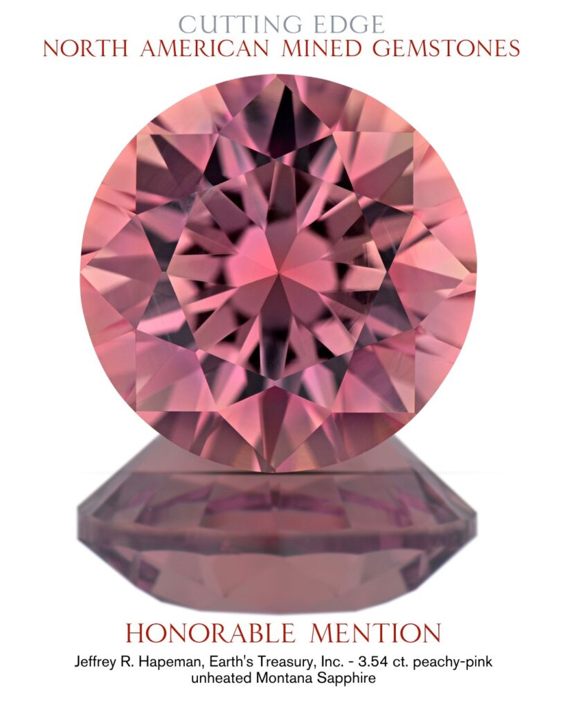 A round, faceted, peachy-pink Montana sapphire is shown with its reflection, celebrating its AGTA Award honorable mention in the North American Gemstones category and recognition in industry awards.