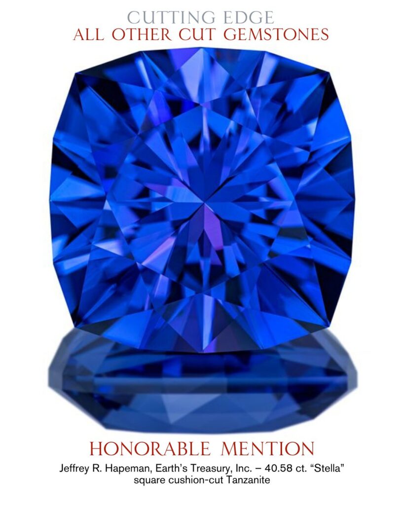 The AGTA Award- Other Gemstones features a stunning square cushion-cut blue tanzanite, recently highlighted in the press and honored with an Honorable Mention in the Cutting Edge—All Other Cut Gemstones category.