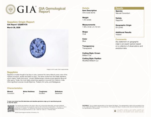 JV-001-597 GIA Report JV-001-597 GIA Report: 1.56 ct transparent Ceylon Sapphire, oval mixed cut from Sri Lanka; includes detailed characteristics and origin information.