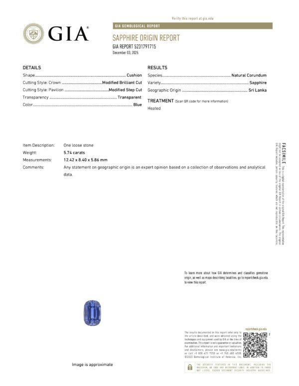 JV1163CG GIA Report JV1163CG GIA Report for a 5.74-carat cushion-shaped blue sapphire from Sri Lanka details measurements, features, and confirms no evidence of heating.