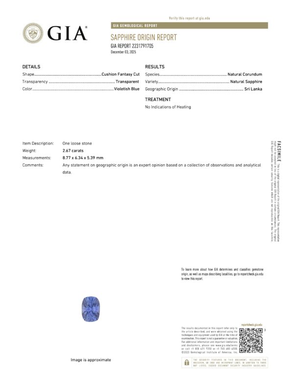 JV1363KG GIA Report JV1363KG GIA Report: Cushion fantasy cut violetish blue sapphire, 2.67 ct, natural corundum from Sri Lanka, no heating detected.
