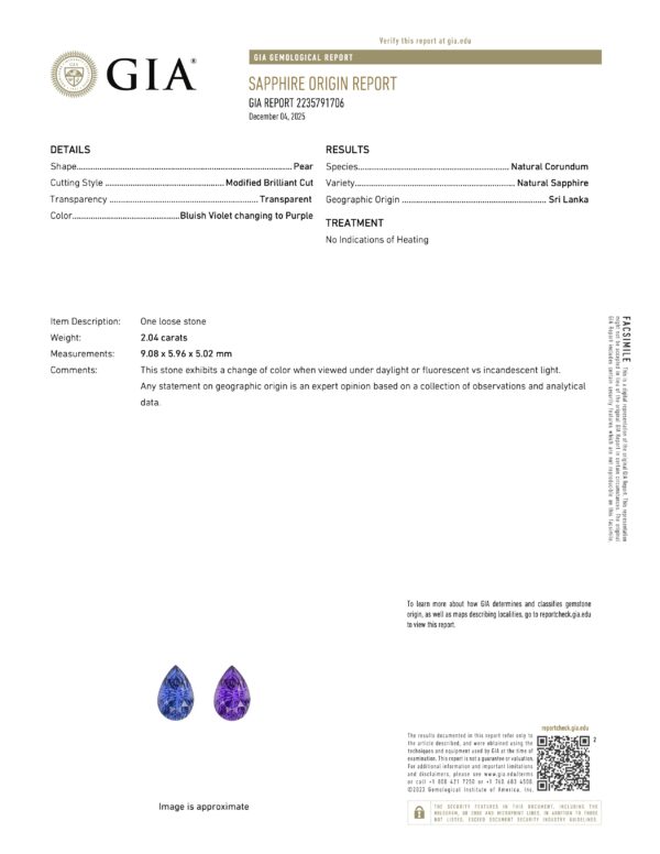 JV1409KG GIA Report The JV1409KG GIA Report provides details and images for a bluish violet to purple sapphire from Sri Lanka, including full gem specifications.