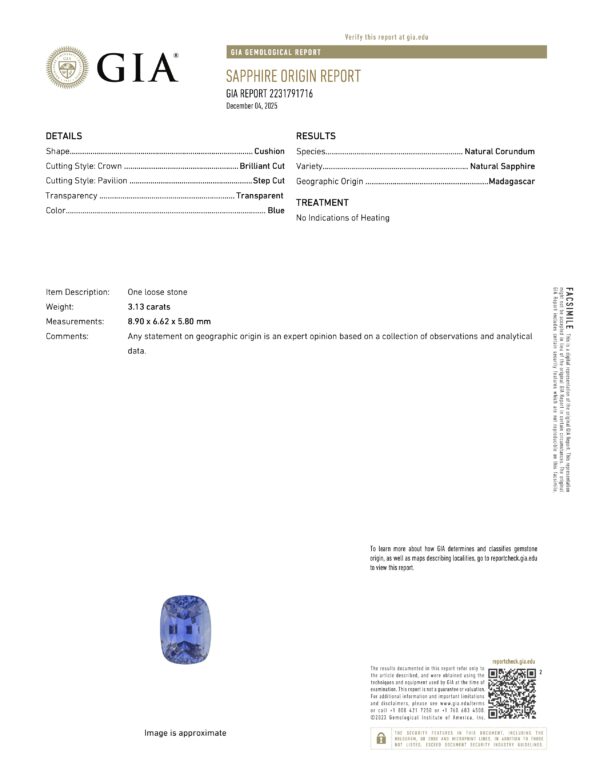 JV1590KG GIA Report JV1590KG GIA Report for a cushion-shaped, brilliant cut natural blue sapphire from Madagascar with no evidence of heating; includes gemstone details and image.