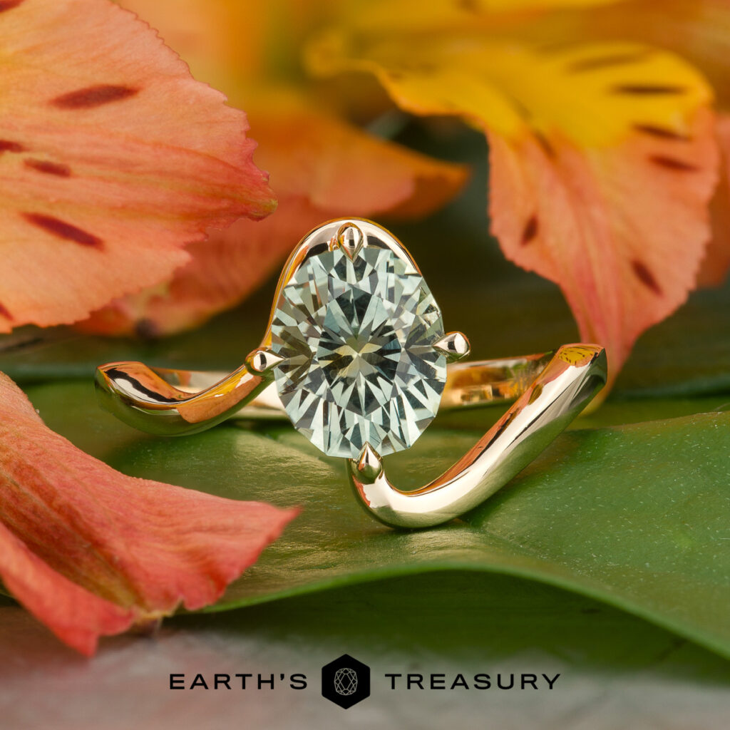 A ring from "Stacked from 14 images. Method=B (R=14,S=2)" with a large, oval-cut diamond is displayed on green leaves amid orange flower petals. The text "EARTH'S TREASURY" appears at the bottom.