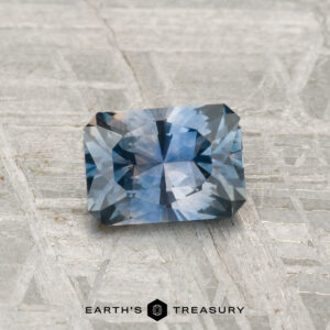 A 0.90-carat rectangular, faceted Montana sapphire (heated) is displayed on a textured gray surface with "Earth's Treasury" at the bottom.