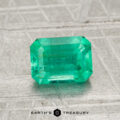 A 1.13-carat rectangular cut green emerald is shown on a textured gray surface with "EARTH'S TREASURY" at the bottom.
