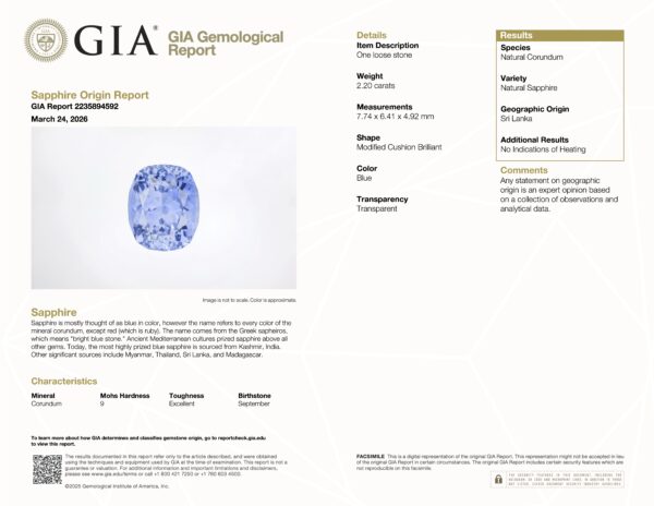 JV-001-635K-G GIA Report JV-001-635K-G GIA Report for a natural Sri Lankan sapphire, cushion cut, 22.20 ct, light blue color; report notes no geographic origin indicated by analytical data.