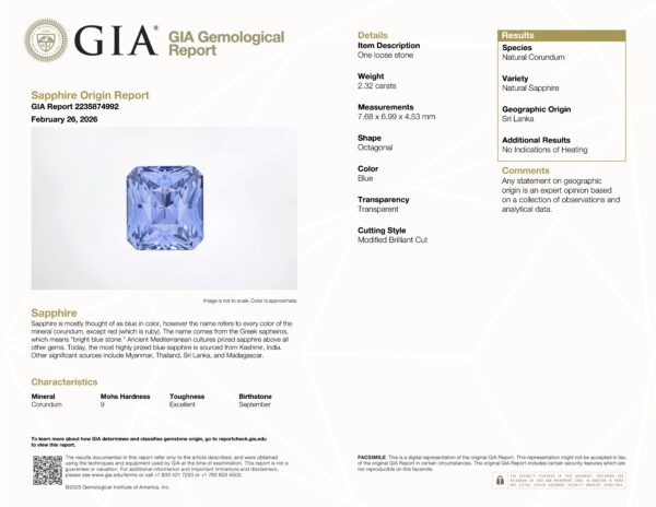 JV-001-697K GIA Gemological Report for JV-001-697K: cushion-cut blue sapphire from Sri Lanka, featuring a gemstone image plus sections on characteristics, origin, and testing results.