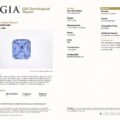 GIA Gemological Report for JV-001-697K: cushion-cut blue sapphire from Sri Lanka, featuring a gemstone image plus sections on characteristics, origin, and testing results.